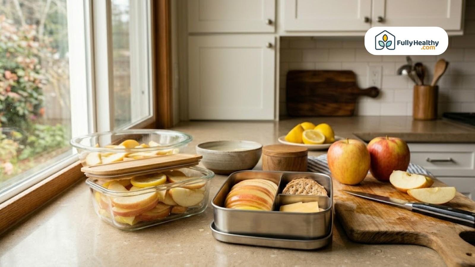 Sliced apples stored in containers with lunchbox ready for packing