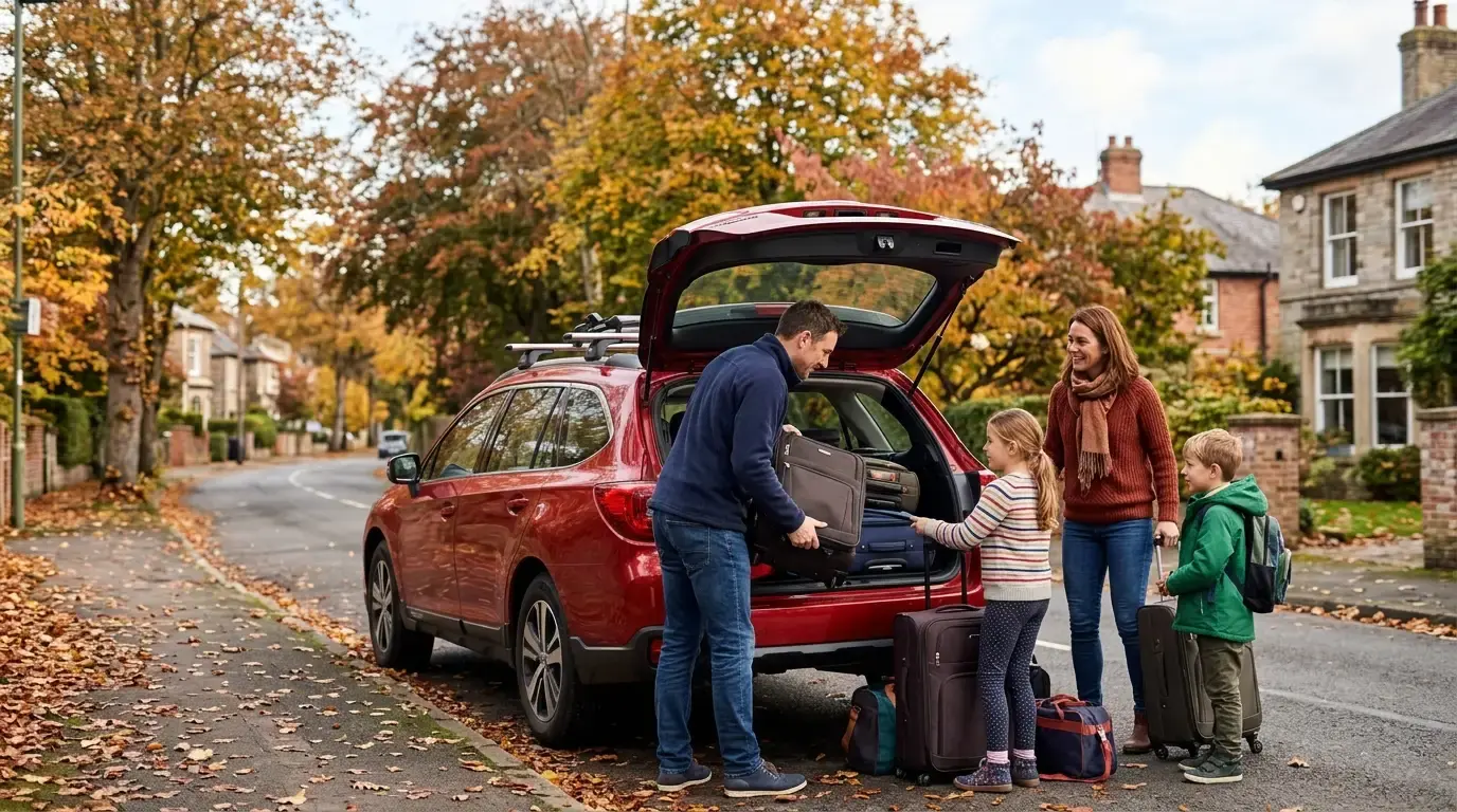 Family loading suitcases into a car boot on an autumn street before moving abroad