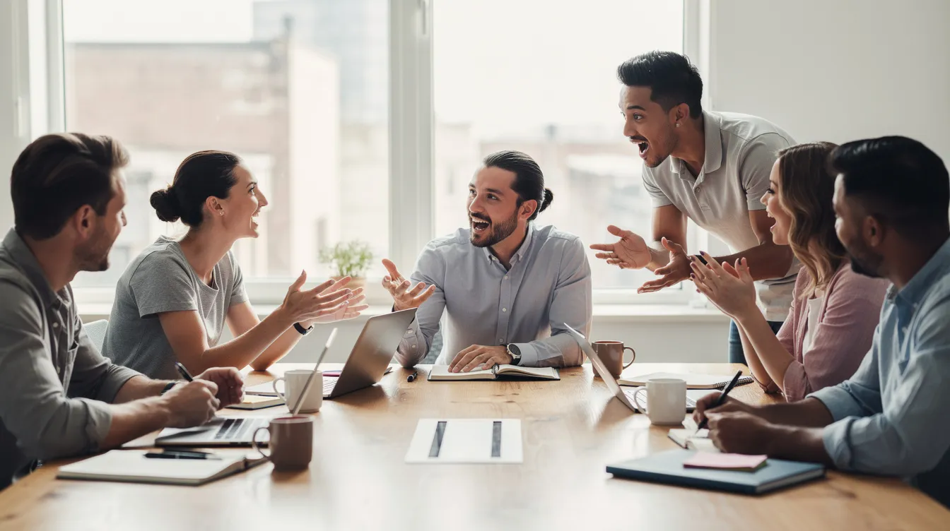 The image depicts a diverse group of people engaged in an animated discussion around a table, highlighting the importance of human interaction in the face of new technology like AI. Their expressions reflect a mix of curiosity and concern, as they discuss the implications of AI systems on future generations and the evolving landscape of human activity.