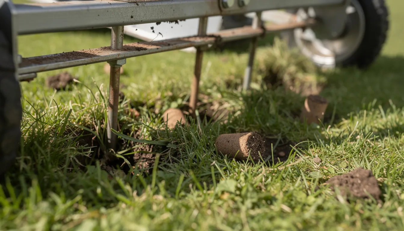 The image shows a close-up view of a hollow-tine aerator working on a lawn surface, creating small holes to relieve soil compaction and promote a healthier lawn. This essential lawn care service helps ensure lush green grass by allowing nutrients and water to reach the roots more effectively.