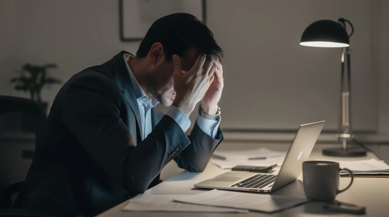 A person sits at a desk, visibly tense with their shoulders and neck, while rubbing their temples, indicating emotional distress and stress. This scene highlights the importance of somatic therapy and nervous system regulation in addressing trauma symptoms and promoting healing in daily life.