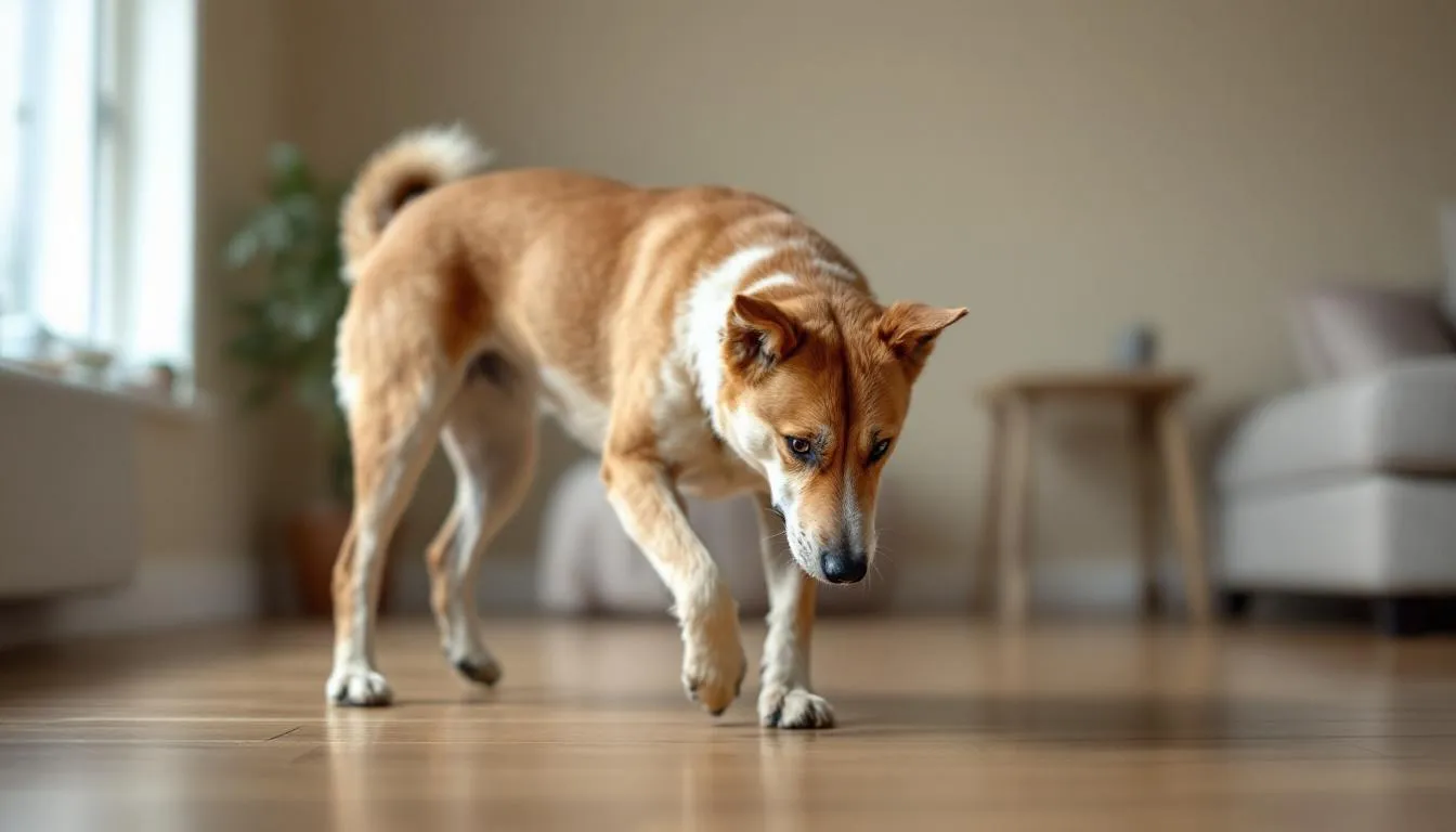 A dog is seen pacing restlessly in a living room, displaying signs of pre-seizure behavior, which may indicate potential seizure activity. This behavior can be associated with various seizure disorders, including idiopathic epilepsy and can signal the need for prompt veterinary attention.