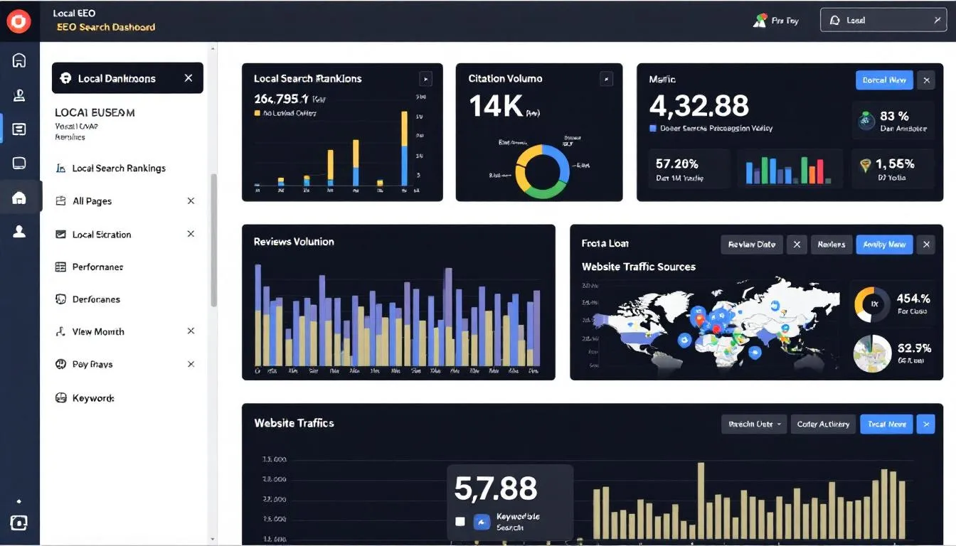 An analytics dashboard displays various local SEO performance metrics, showcasing search engine rankings, visibility in local search, and local traffic data. The dashboard is designed to help local businesses and SEO specialists track the effectiveness of their local SEO strategies and campaigns, ultimately improving their presence in search results and attracting more local customers. An analytics dashboard displays various local SEO performance metrics, showcasing search engine rankings, visibility in local search, and local traffic data. The dashboard is designed to help local businesses and SEO specialists track the effectiveness of their local SEO strategies and campaigns, ultimately improving their presence in search results and attracting more local customers.
