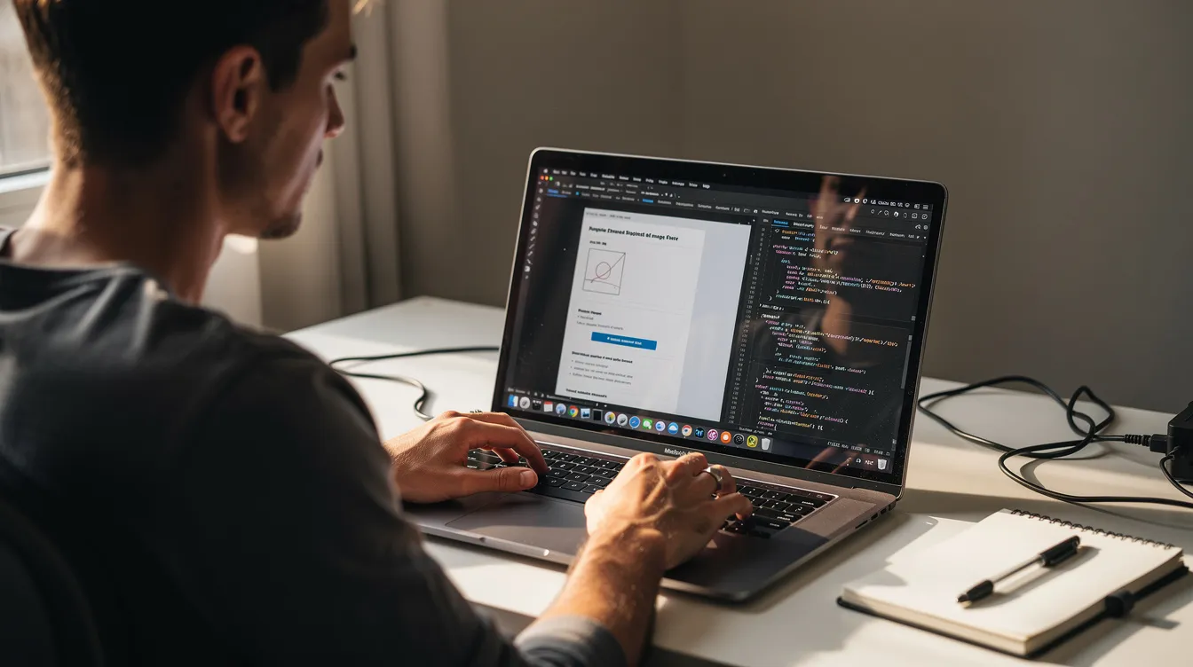 A person is focused on their laptop, with browser developer tools open, examining the store's source code to identify the Shopify theme being used. The screen displays various elements of the website, showcasing the theme selection process for optimizing the online store's design.