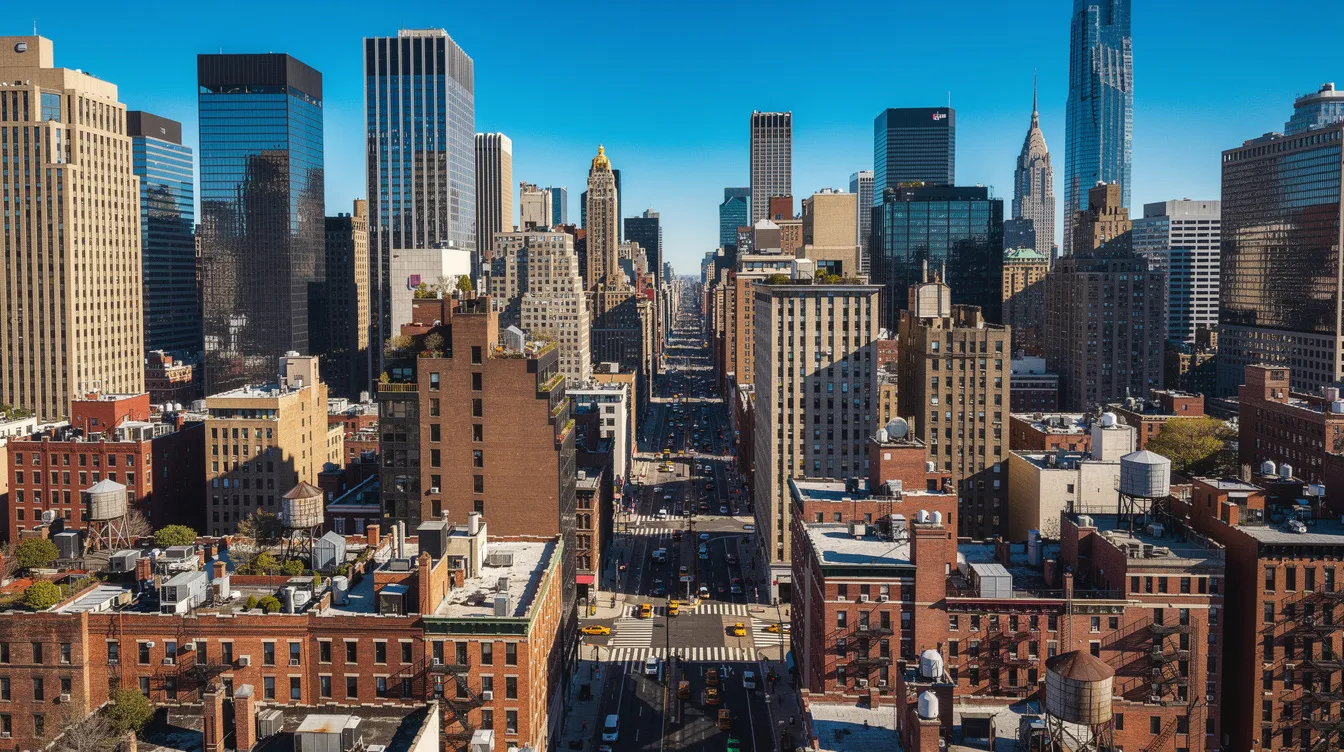 An aerial view showcases the dense New York City skyline, featuring a blend of older brick residential buildings alongside modern glass commercial towers, all under a clear blue sky. This image represents the diverse architectural landscape of NYC, where property owners must navigate strict building codes and evolving regulations to ensure compliance with local laws and maintain safety standards.