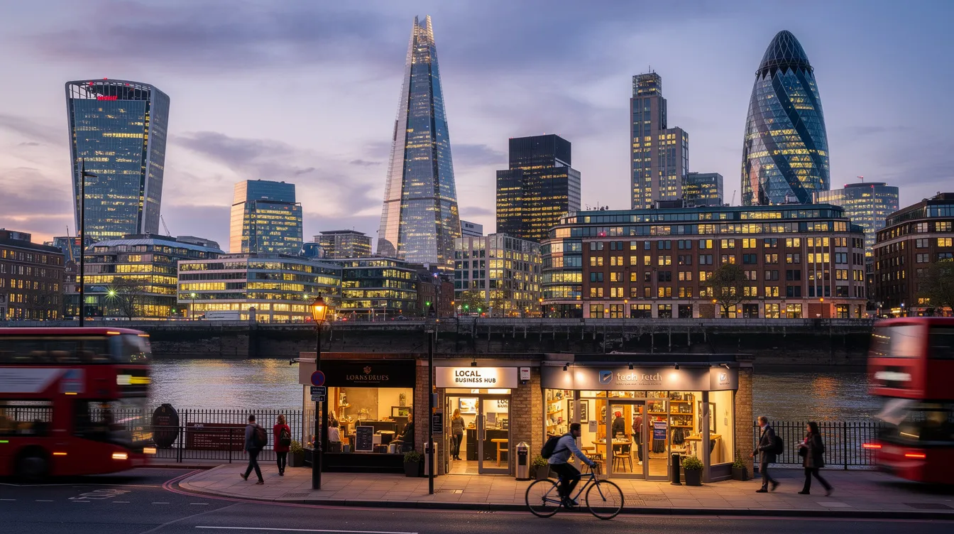 The image depicts a vibrant London cityscape at dusk, with illuminated buildings and bustling streets, suggesting a focus on local businesses. It reflects the essence of marketing strategies, such as Google Ads, aimed at connecting advertisers with more customers through targeted campaigns and audience segments.