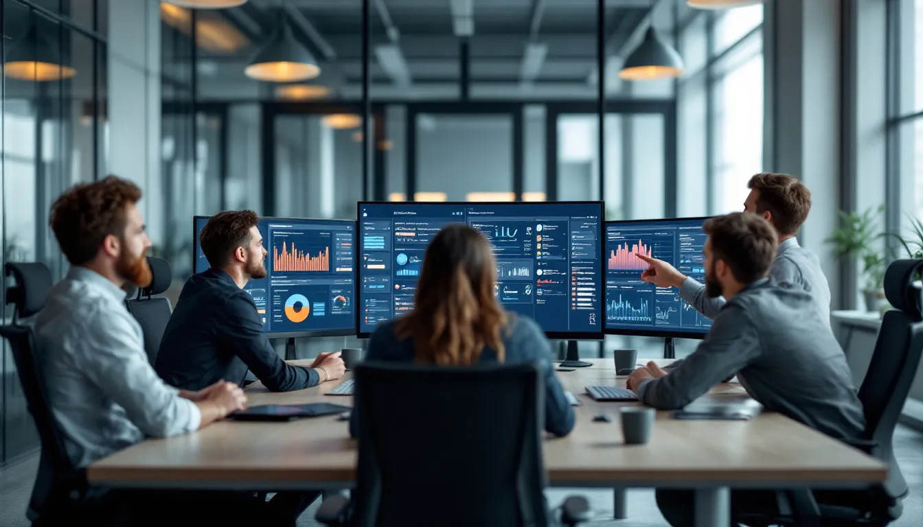 In the image, a data engineering team collaborates around computer screens displaying data pipeline dashboards, highlighting the use of data integration solutions like Azure Data Factory and Hevo Data for seamless data movement and transformation across multiple data sources. The atmosphere is focused and dynamic, showcasing the teamwork involved in managing complex workflows and real-time data streaming.