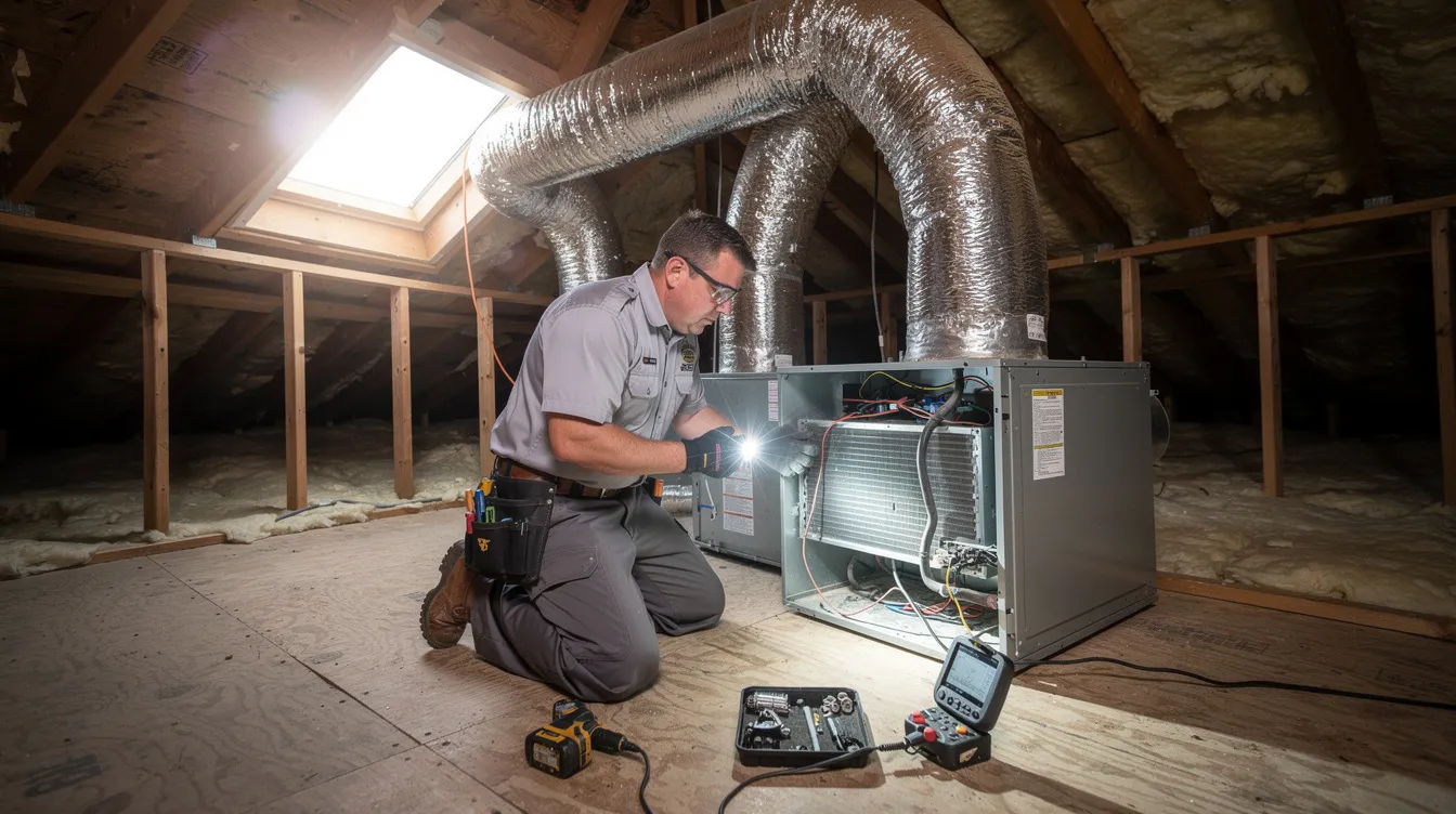 An HVAC technician is inspecting an attic air handler, focusing on the evaporator coil and assessing its condition for potential replacement. The technician is equipped with specialized tools to ensure the air conditioning system operates efficiently and to prevent issues like refrigerant leaks.