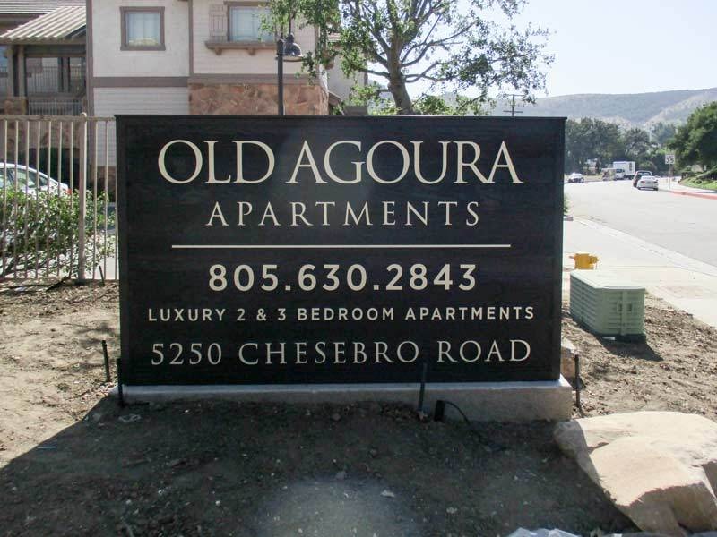 Monument sign for Old Agoura Apartments on Cheesebro Road.