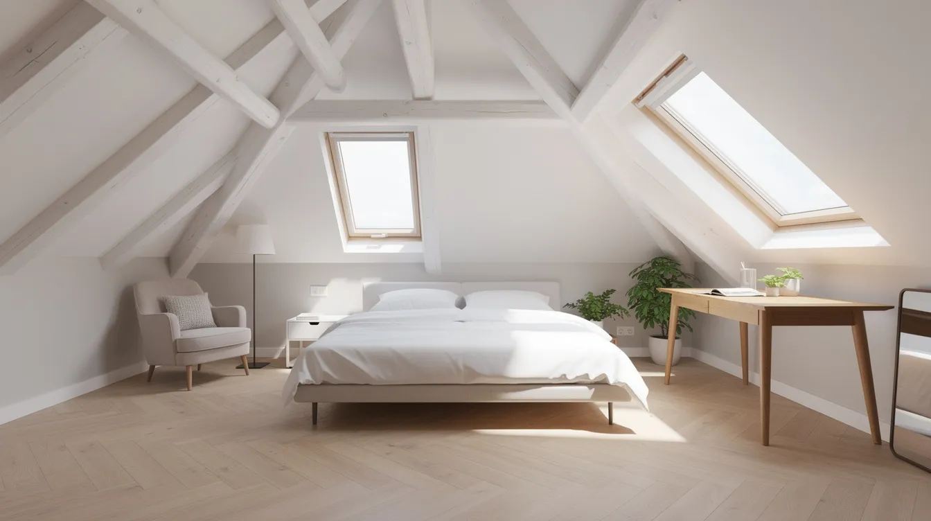 Une chambre lumineuse sous combles avec des fenêtres de toit, offrant une vue dégagée et un parquet clair qui ajoute une touche chaleureuse à cet espace. Ce type d'aménagement est idéal pour une maison à Nantes, permettant d'optimiser la surface habitable tout en apportant confort et esthétique.