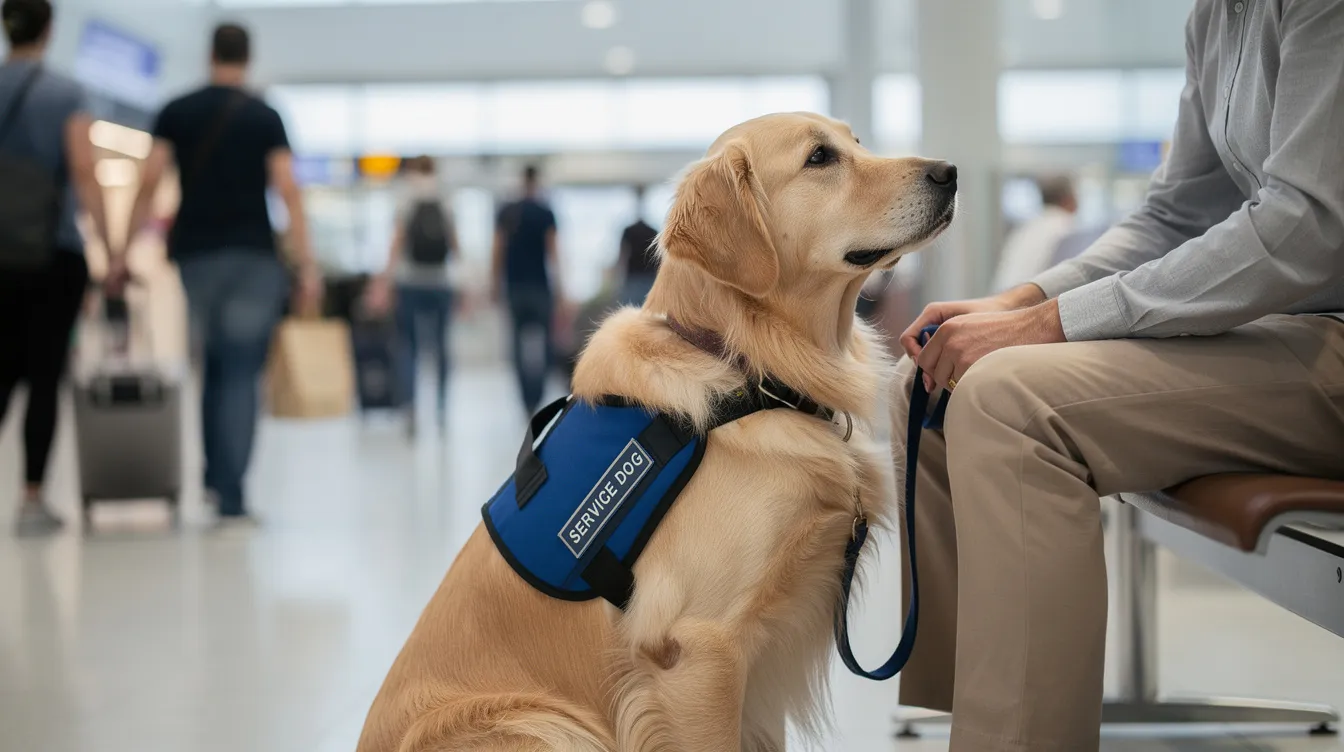 A calm golden retriever service dog is sitting beside its handler in a busy public space, demonstrating its training to assist a person with a disability. The dog remains focused and well-behaved, embodying the qualities expected of a service animal in public accommodations.
