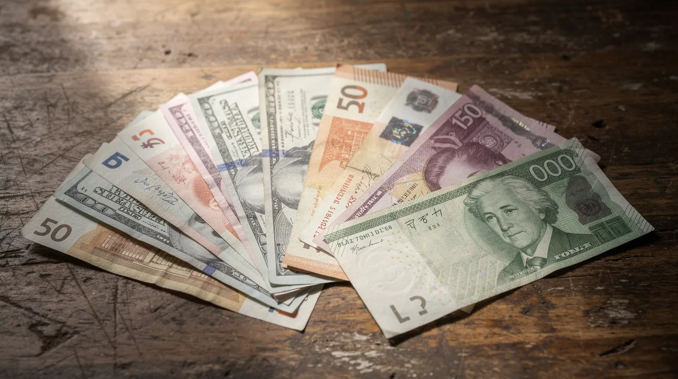 The image shows a variety of international currency banknotes, including different denominations and designs, fanned out on a wooden table. This visual representation highlights the concept of global money and the importance of understanding exchange rates for international payments, which can be facilitated through services like HSBC's online banking and global money accounts.