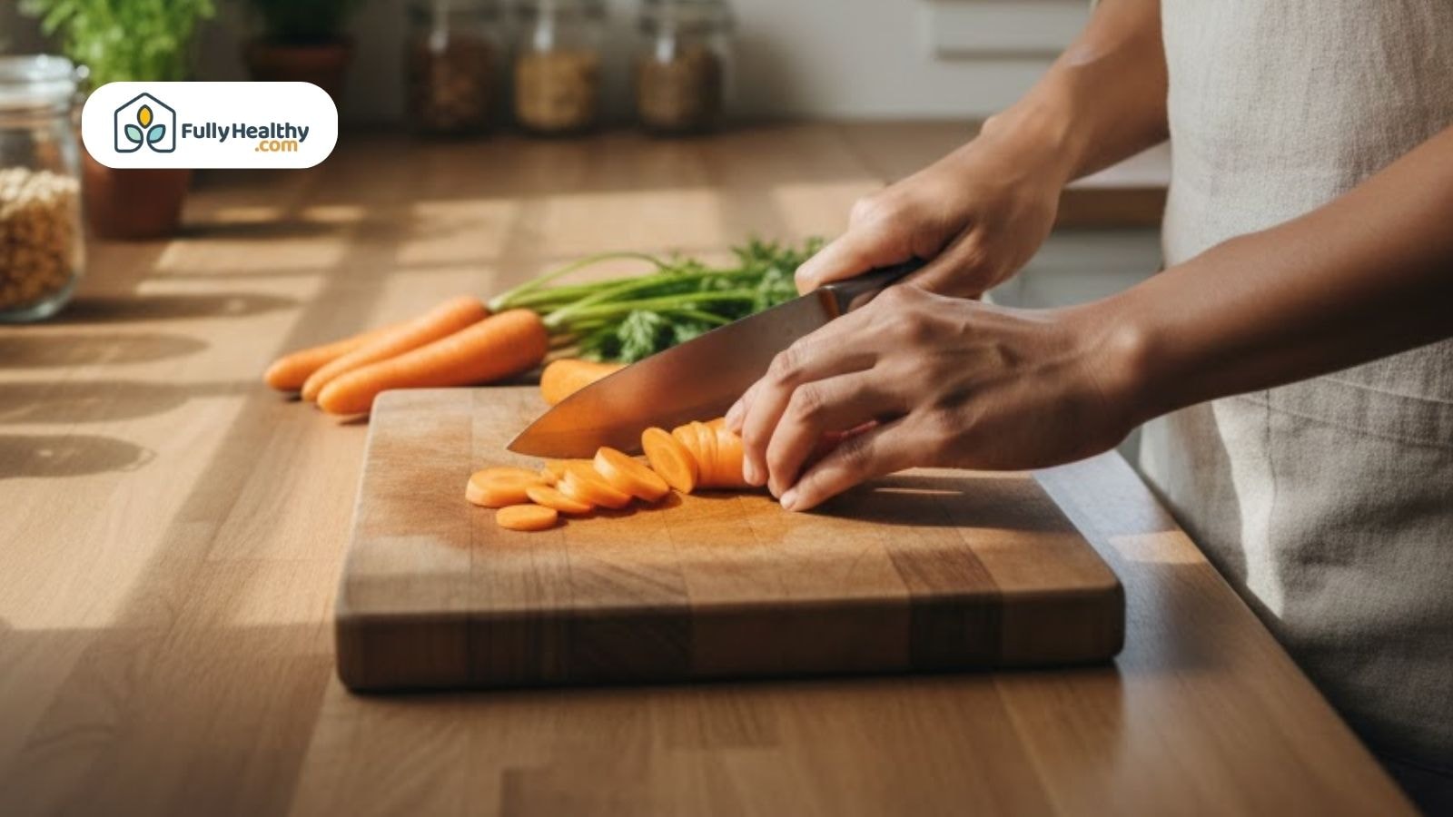 Person slicing fresh carrots on a wooden cutting board.