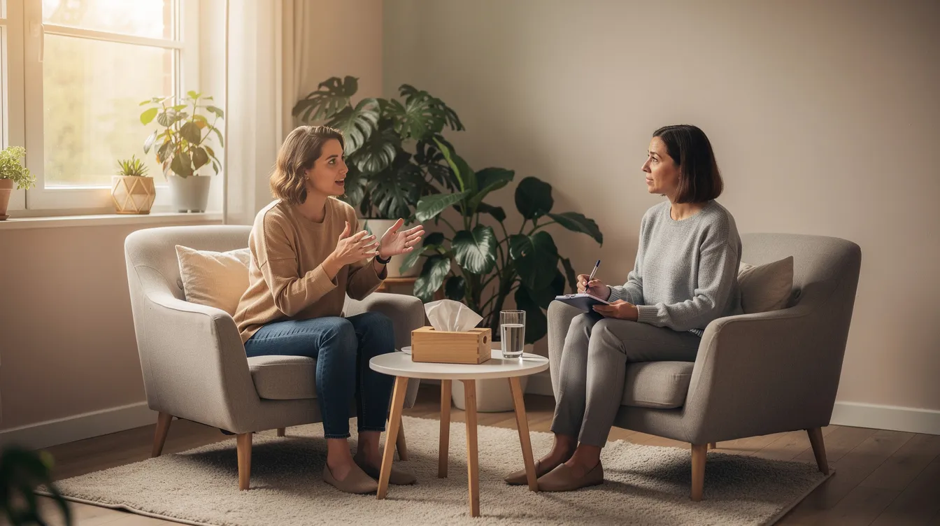 Na obrazie widzimy dwie osoby siedzące w przyjaznym otoczeniu, które rozmawiają ze sobą w atmosferze zaufania, symbolizując sesję terapeutyczną, która może być pomocna w leczeniu zaburzeń lękowych i innych problemów psychicznych. Ich wyraz twarzy sugeruje otwartość i chęć do dzielenia się doświadczeniami, co jest kluczowe w terapii poznawczo-behawioralnej.