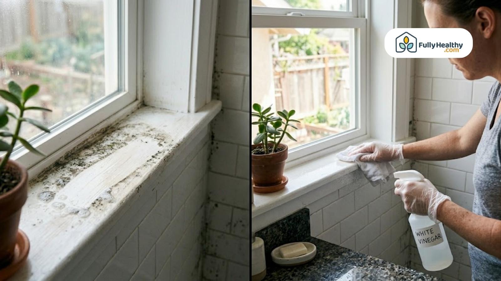 Before and after cleaning moldy windowsill using white vinegar solution