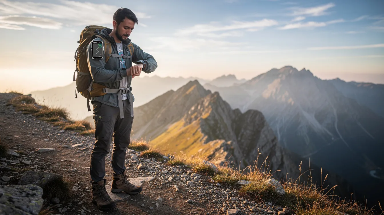 A hiker is standing on a mountain trail, checking the GPS watch on their wrist to determine their exact location using GPS data. The device is capable of offline navigation, allowing the hiker to track their route without needing an internet connection.