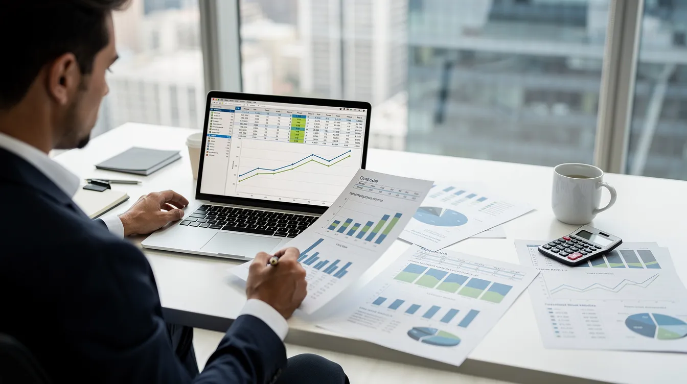 efb1e0e9 f7bc 4b32 b122 319aedef2e60 A financial professional is seated at a desk, meticulously reviewing spreadsheets and charts on a laptop, alongside printed reports that likely detail cash flows and investment opportunities for an ice cream manufacturing project. This analysis may include aspects like operating expenses, market demand, and future cash inflows, essential for assessing the feasibility of the proposed ice cream factory.