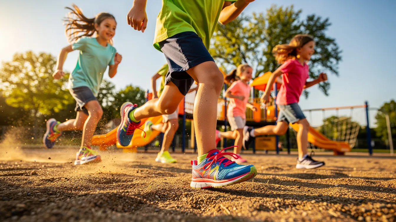 Auf einem sonnigen Spielplatz rennen fröhliche Kinder, sowohl Jungen als auch Mädchen, in bunten Sneakers, darunter Adidas und Nike Sportswear. Die Kinder spielen ausgelassen und genießen die frische Luft und den Sport.