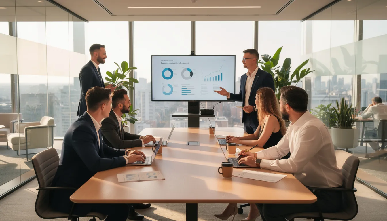 Na obrazku przedstawiono spotkanie biznesowe zespołu w nowoczesnym biurze, gdzie uczestnicy omawiają strategie dotyczące usług faktoringowych, w tym faktoring pełny bez regresu, aby utrzymać płynność finansową swojej firmy. W tle widoczne są nowoczesne meble biurowe oraz ekran prezentacyjny z wykresami finansowymi.