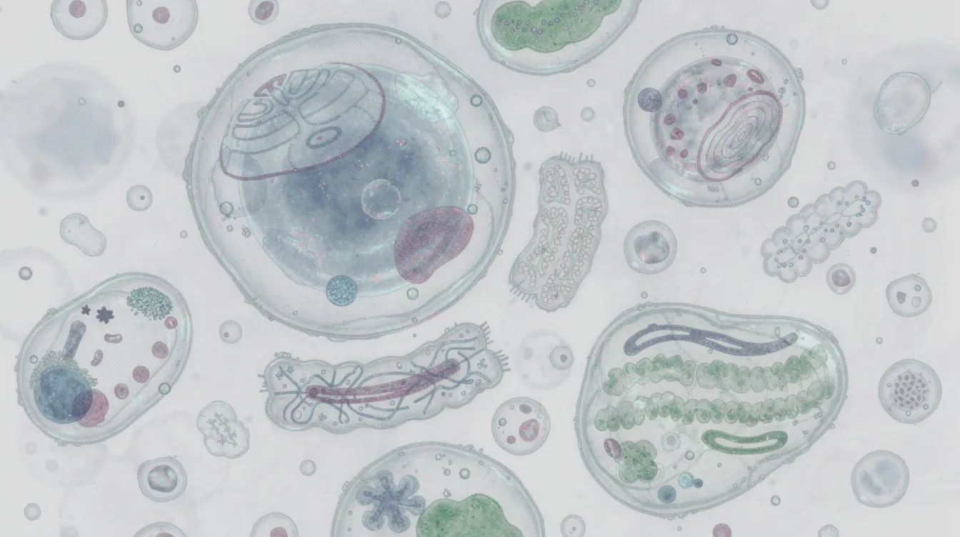 The image shows a microscopic view of healthy cellular structures, highlighting various organelles that are essential for cell function. This detailed perspective emphasizes the importance of cellular health, which can be linked to promoting hair growth and maintaining healthy hair.