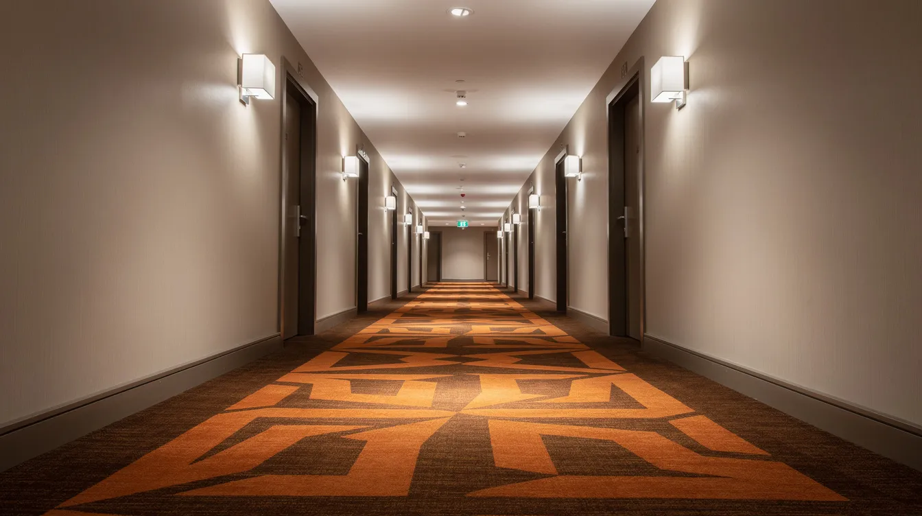 Die Detailaufnahme zeigt einen Hotelflur mit einem auffälligen geometrischen Teppichmuster in Orange und Braun. Die symmetrischen Wände sind mit Wandleuchten ausgestattet und schaffen eine eindrucksvolle perspektivische Tiefe, die an das berühmte Overlook Hotel aus "The Shining" erinnert.
