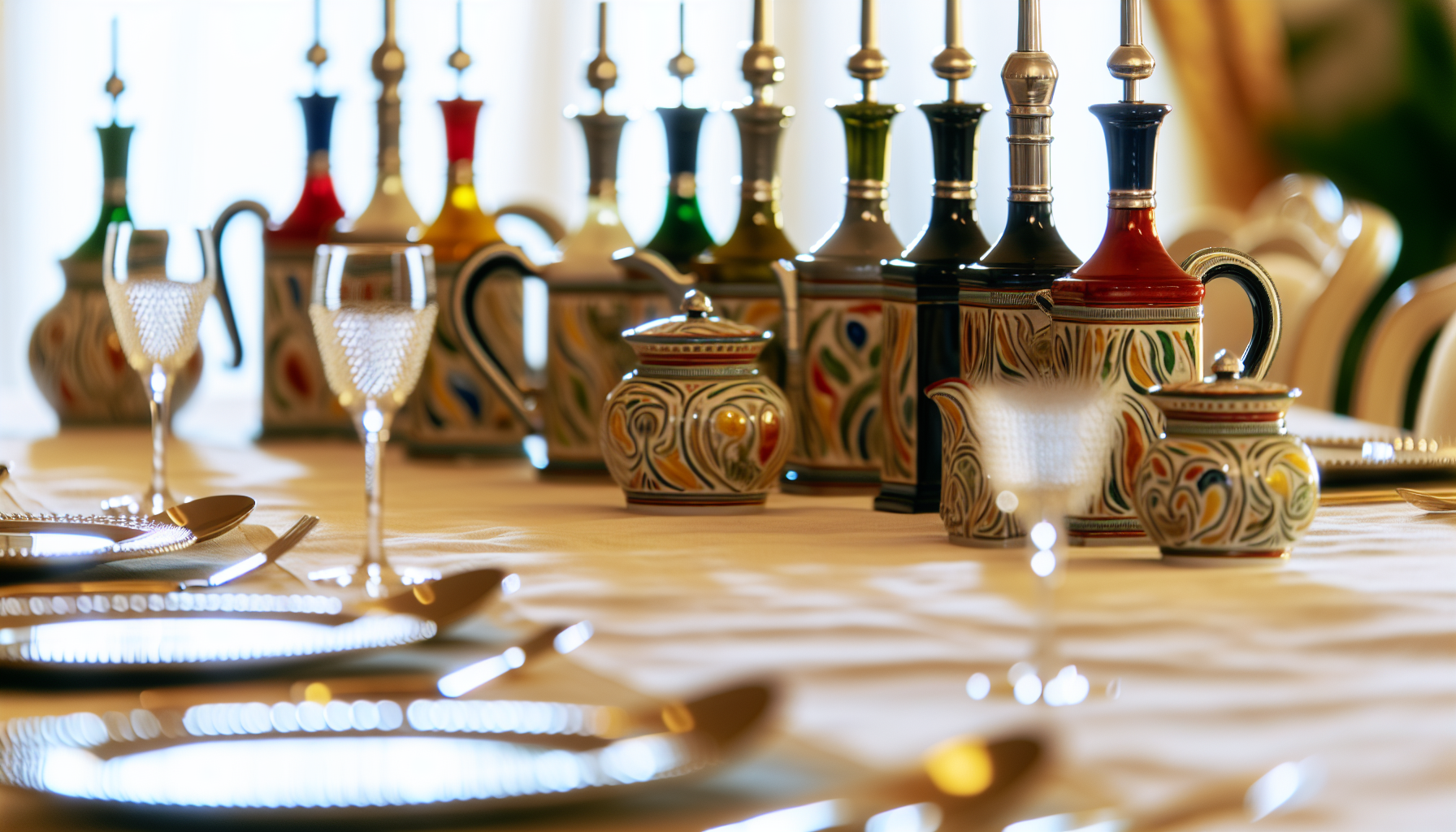 A collection of handcrafted oil and vinegar dispensers on a beautifully set dining table