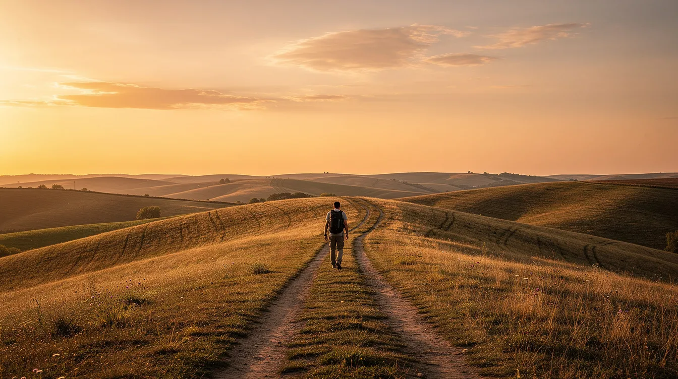 Ein einsamer Wanderer geht auf einem schmalen Pfad durch eine weite Landschaft, die bei Sonnenuntergang in warmen Gold- und Orangetönen erstrahlt. Die klare Horizontlinie vermittelt ein Gefühl von Ruhe und Weite.