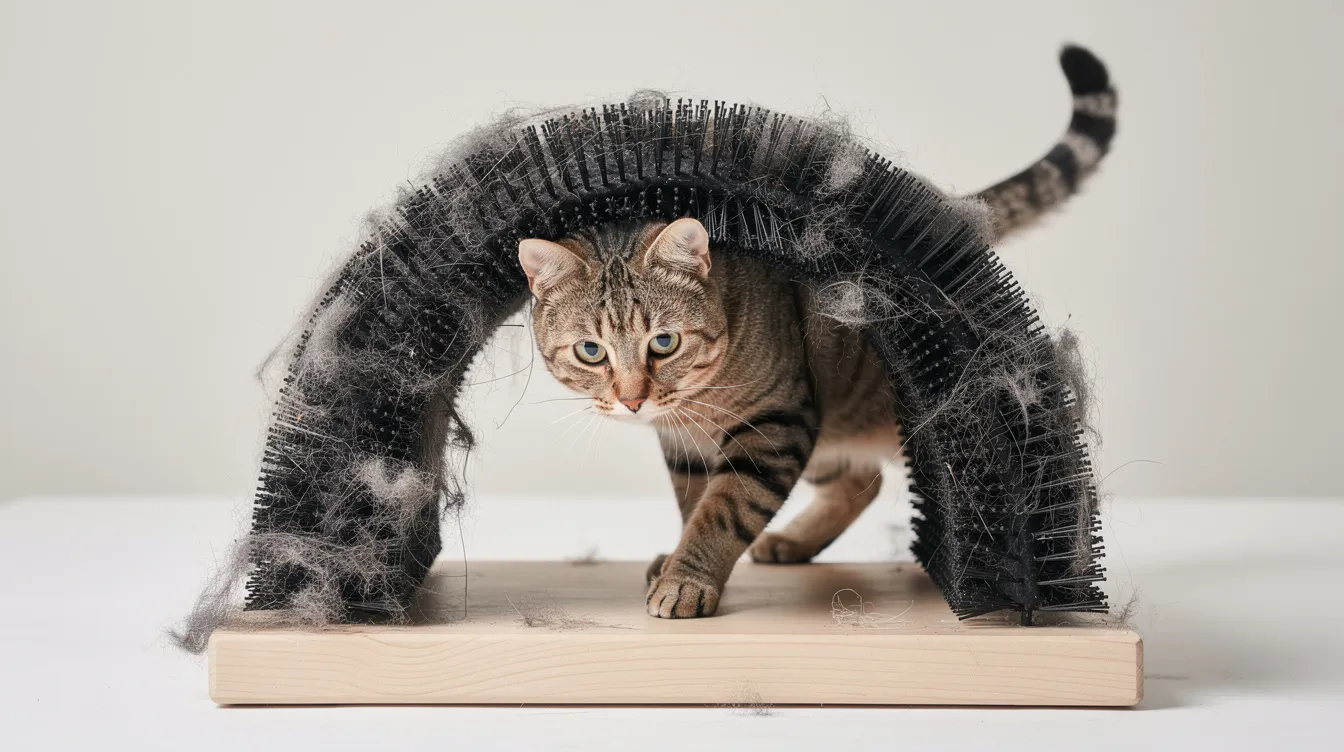 A playful cat walks through a cat arch self groomer, featuring durable plastic bristles that help with self grooming and massage. Loose fur is visible on the bristles, highlighting its effectiveness as a grooming tool for indoor cats.