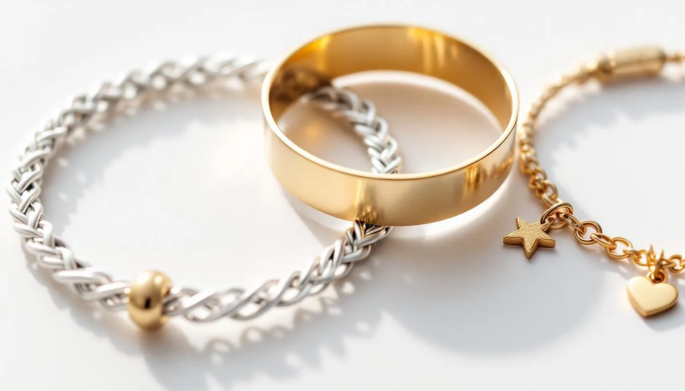 A close-up view of a collection of women's leather bracelets showcases various styles, including braided, cuff, and charm designs, all elegantly arranged on a white surface. The assortment highlights a variety of colours and intricate details, perfect for any occasion.