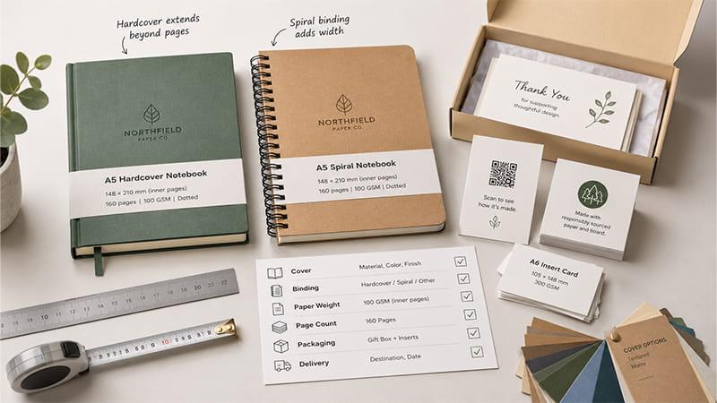 A5 custom notebook production details showing hardcover and spiral binding options, paper weight, page count, packaging, and cover choices