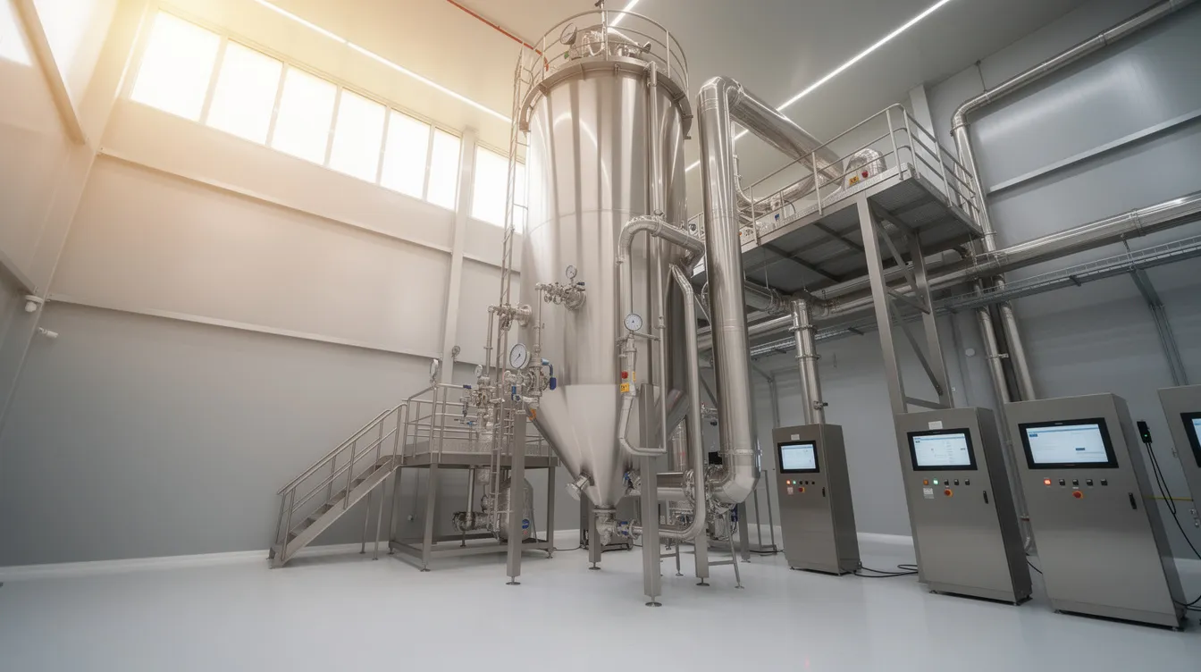 efb8060b 0532 46b0 bc40 d9c3313399ad The image depicts an industrial spray drying tower within a food manufacturing facility, showcasing the essential equipment used in the pulses processing plant. This setup is crucial for maintaining efficient plant operations and meeting the rising consumer demand for processed pulse commodities.