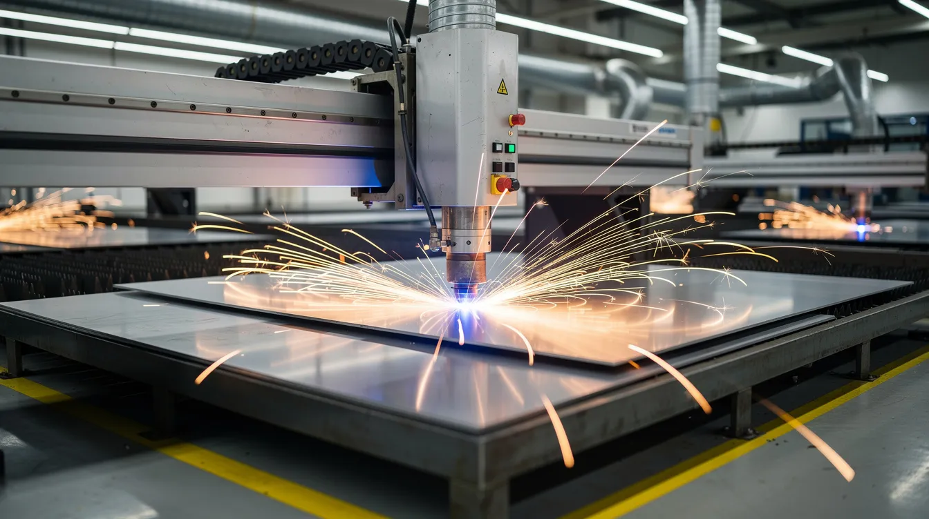 The image shows a close-up view of a modern factory floor where advanced fiber laser cutting machines are actively processing metal sheets, creating bright sparks. This scene highlights the precision sheet metal fabrication process, showcasing the machinery used for custom metal parts and components.