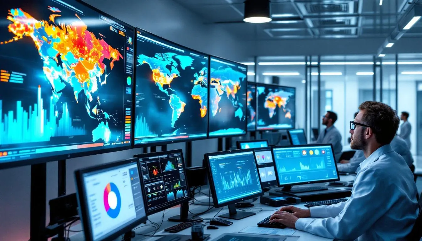 The image depicts scientists intently monitoring global disease surveillance networks, with multiple screens displaying world maps that highlight regions affected by infectious diseases. This setup emphasizes the importance of public health and preparedness for future pandemics, such as those caused by human coronaviruses and influenza viruses.