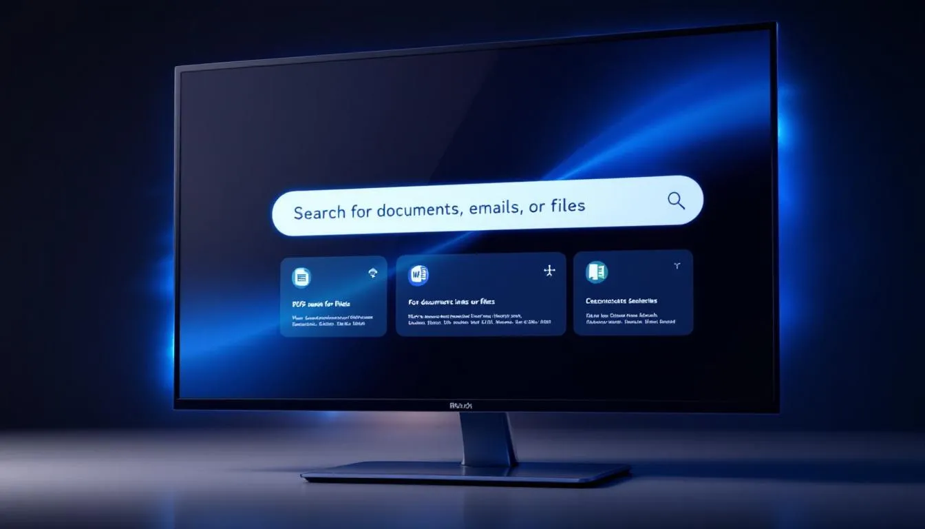 An illustration of enterprise search software showcases a user-friendly interface displaying a search bar, with various search results from multiple data sources, emphasizing the capabilities of AI-powered enterprise search tools. The image highlights key features such as knowledge sharing and search analytics, reflecting how organizations can efficiently retrieve relevant information from structured and unstructured data.
