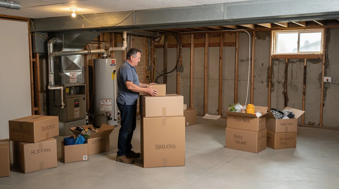 A homeowner is seen clearing boxes from a utility area in a residential basement, preparing for potential sump pump installation or maintenance. This action is crucial for preventing flooding and water damage in the home, especially during heavy rains in the Phoenix area.