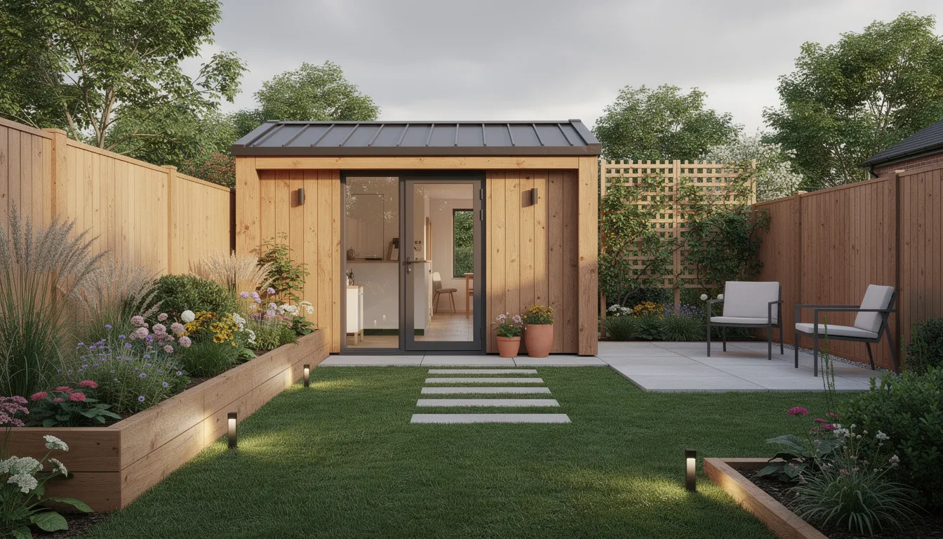 The image showcases a bespoke garden featuring a made-to-measure garden shed with an apex roof, designed to blend seamlessly into the outdoor space. The timber building is equipped with a fully framed door and windows, providing both style and functionality for various hobbies and storage needs.