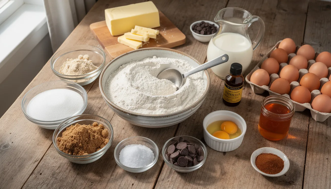 The image displays a collection of typical baking ingredients and essential tools, including flour, baking soda, powdered sugar, and room temperature butter, alongside measuring cups and spoons. These items are crucial for the baking process, helping to avoid common baking mistakes such as using the wrong temperature or inaccurate measurements.