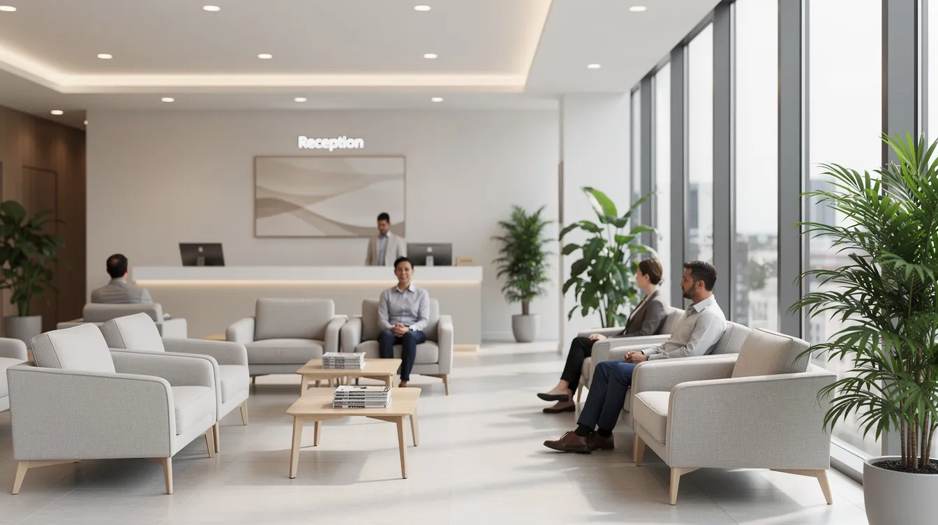 The image depicts a modern medical office waiting room featuring comfortable seating and ample natural light, creating a welcoming atmosphere for patients considering cosmetic procedures like breast lift surgery. This serene environment is ideal for those seeking consultations with a board-certified plastic surgeon to discuss options for enhancing breast firmness and achieving a more youthful appearance.
