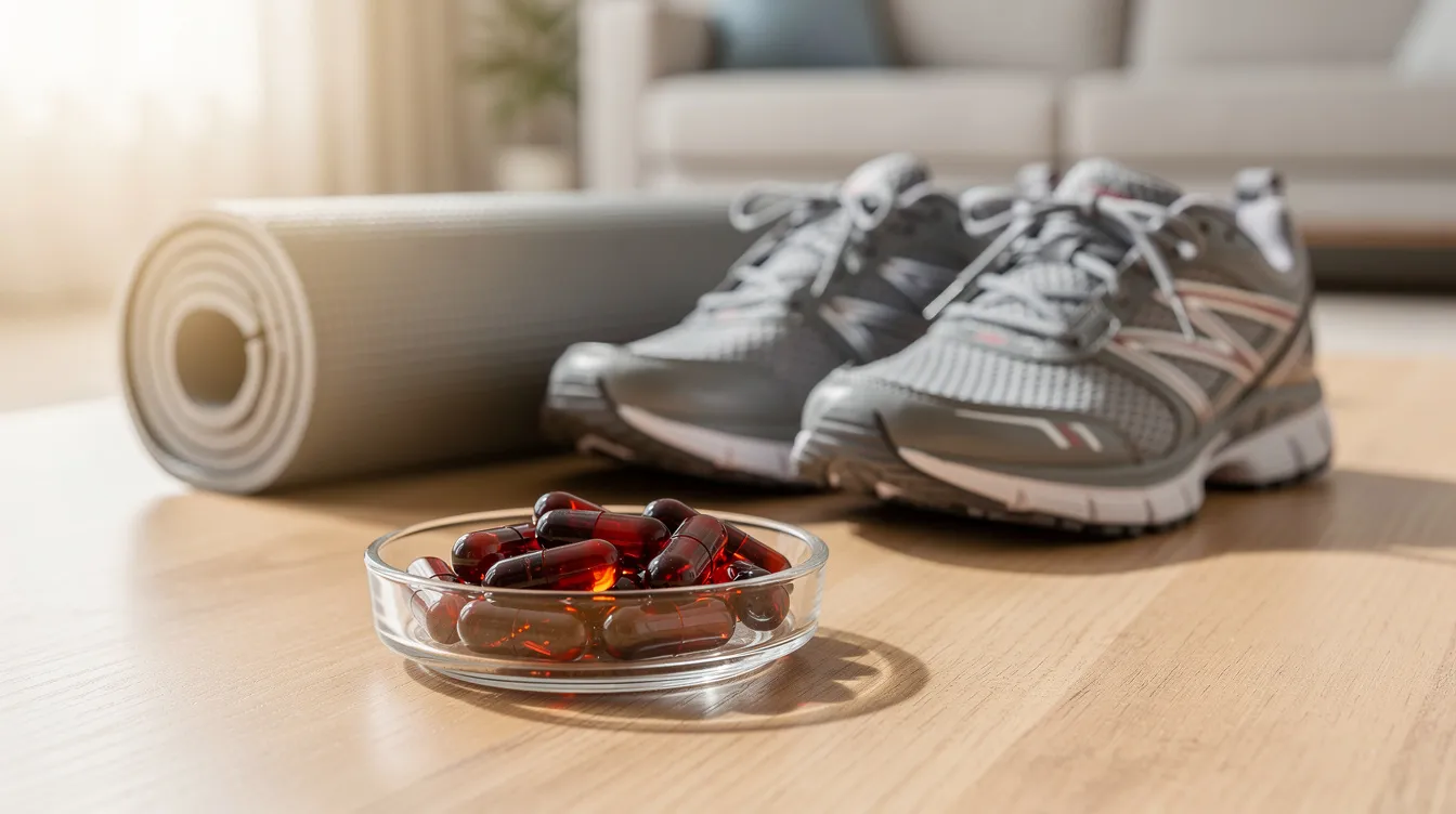 The image features a collection of supplement capsules placed next to a pair of walking shoes and a yoga mat, symbolizing an active lifestyle that incorporates dietary supplements for joint health. This combination suggests a focus on easing joint pain and managing arthritis symptoms, promoting overall wellness and physical activity.