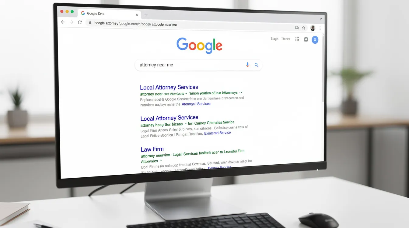The image depicts a computer monitor displaying Google search results for attorney searches, featuring various law firms and their services. This highlights the importance of search engine optimization and effective legal marketing strategies in attracting potential clients and enhancing online visibility for legal professionals.