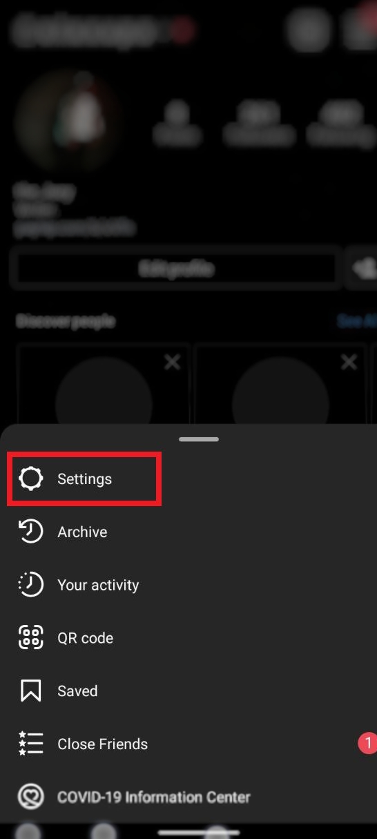 Settings option on Instagram that will let you connect to your Facebook