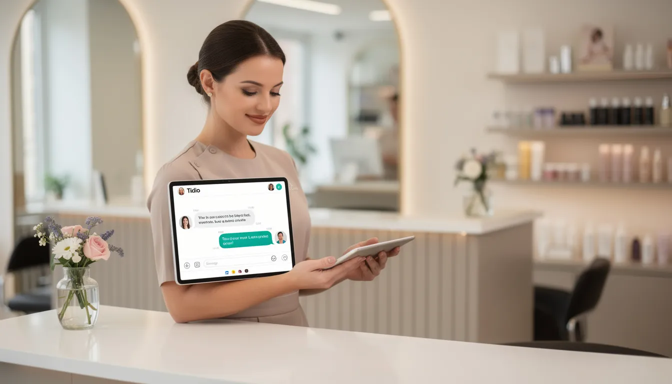 Una miembro del personal de un salón de belleza está utilizando una tablet que muestra la interfaz del chatbot Tidio, que facilita la atención al cliente mediante inteligencia artificial. Esta herramienta permite gestionar reservas y responder preguntas sobre servicios y productos de estética de manera eficiente.