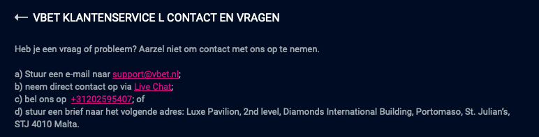 Vbet klantenservice