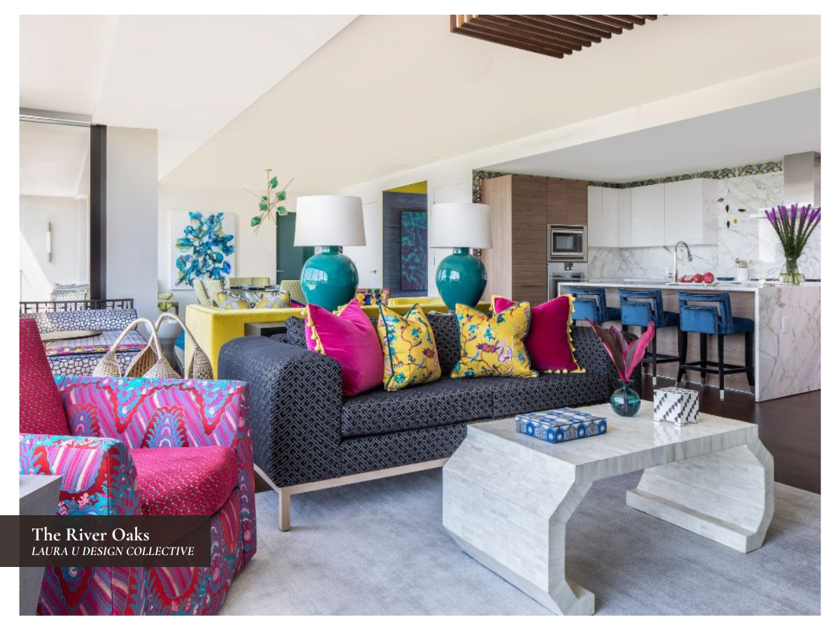 Colorful high-rise living room with a citrine velvet sofa, cobalt coffee table, patterned upholstery, and vibrant accent pillows.