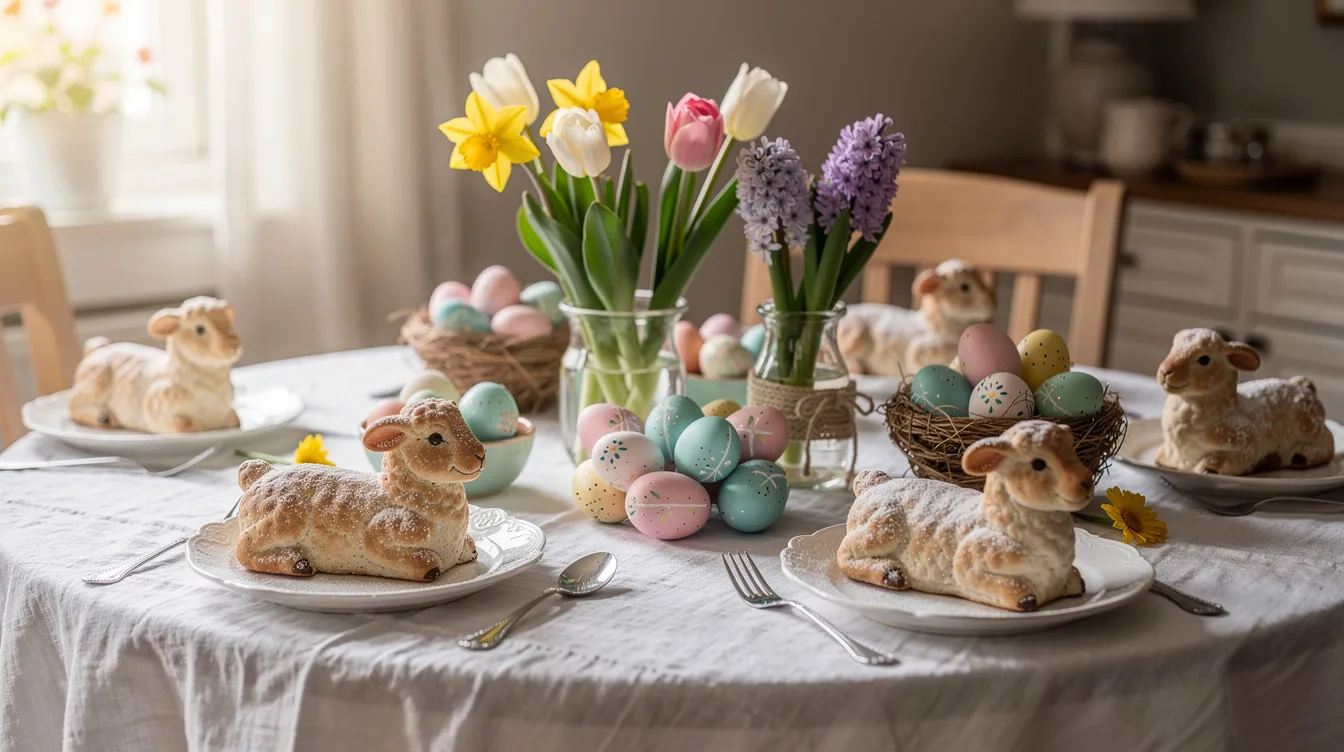 Der gedeckte Ostertisch zeigt eine festliche Anordnung mit bunten Ostereiern, einem Gebäck in Lammform, das symbolisch für das Osterlamm steht, und frischen Frühlingsblumen. Diese Dekoration verkörpert die Freude und Hoffnung des Osterfestes, das die Auferstehung Jesu und die Bedeutung des Lebens über den Tod feiert.
