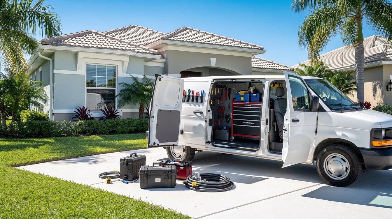 A service van is parked outside a Florida home, equipped with tools for an HVAC system repair job. The van represents a trusted team of certified technicians ready to provide excellent service to Ocala residents, ensuring their air conditioning and electrical needs are met efficiently.