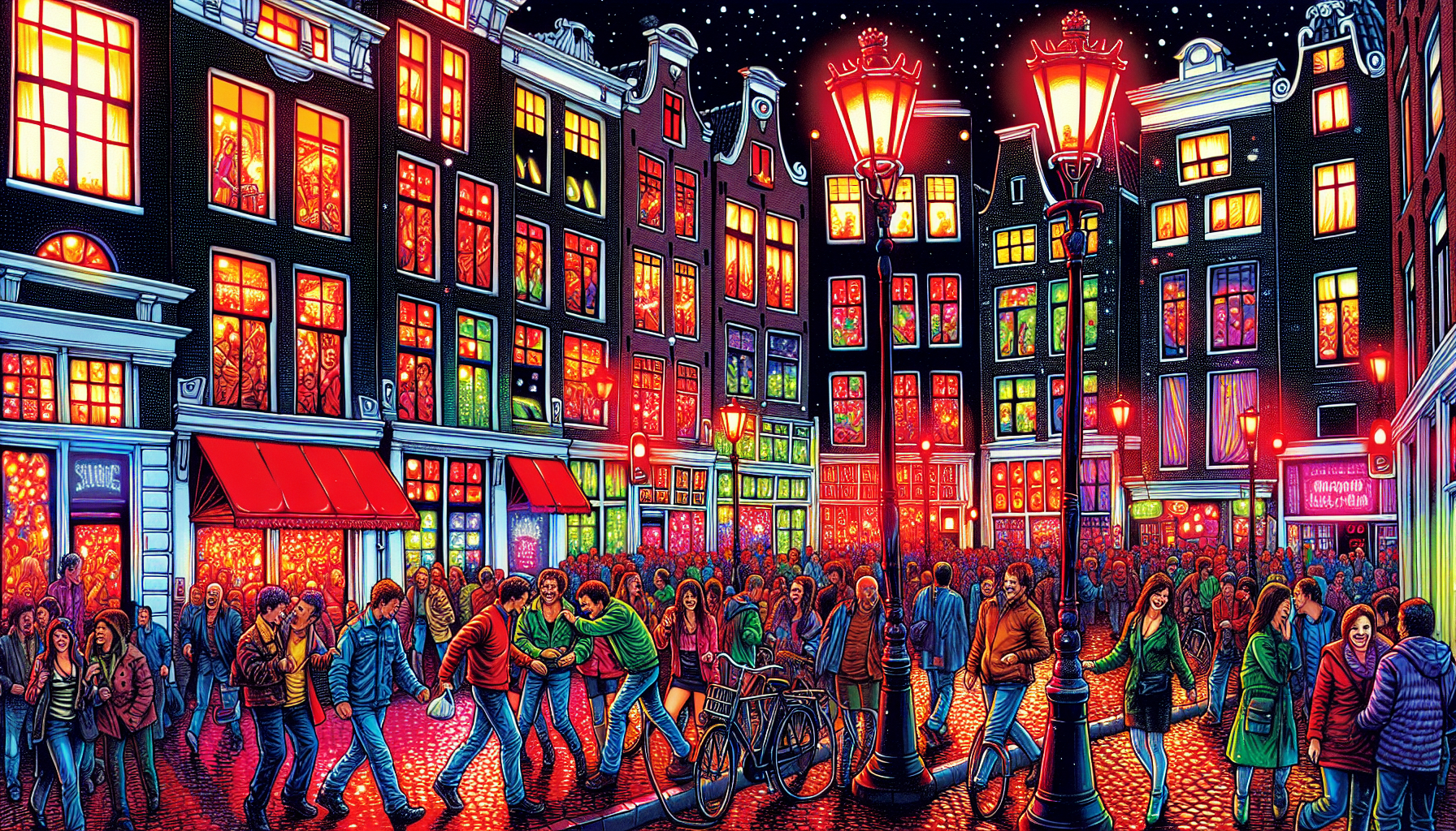 An illustration of the famous red light district in Amsterdam, a popular spot for stag parties.