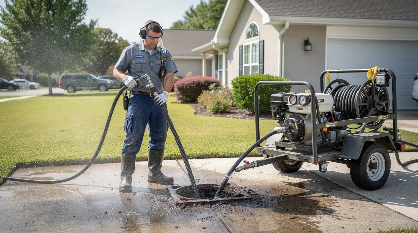 A licensed plumber is using high-pressure hydro-jetting equipment outdoors to clean a residential sewer line, showcasing specialized tools essential for effective drain cleaning. This professional plumbing service can help prevent costly plumbing emergencies and maintain the integrity of the sewer system.