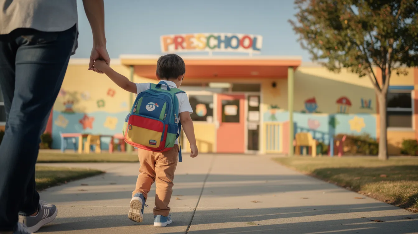 A young child, excited for their first day of preschool, walks toward a colorful entrance while holding a parent's hand on a sunny morning.