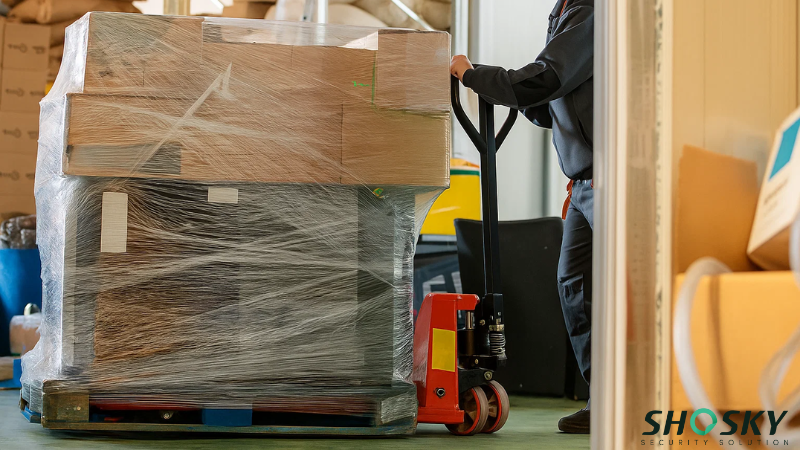 Warehouse employee moves pallet without visible tamper-evident protections